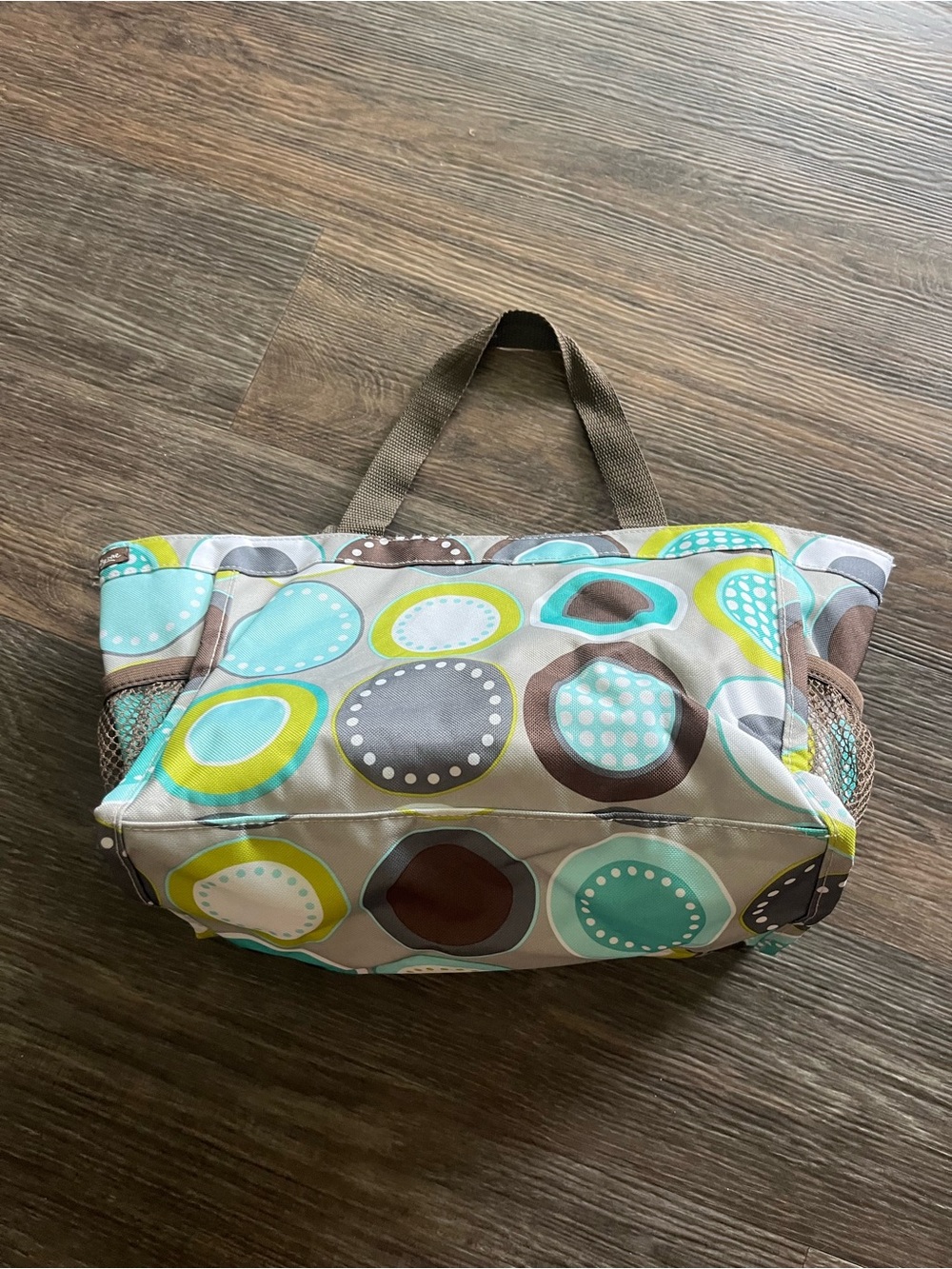 Thirty One Patterned Neutral Tote Bag with Teal and Brown Accents small